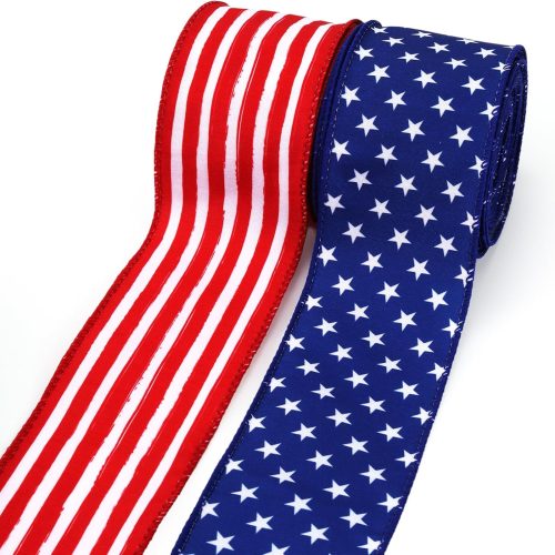 Patriotic Ribbon Wired 2 Rolls 2.5 Inch x 12 Yards TTL, 250th Anniversary, 4th of July American Flag Ribbon for Independence Memorial Day Gift Wrapping DIY Crafts