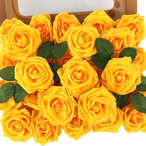 Artificial Yellow Flowers 30PCS Real Touch Fake Flowers Soft Foam Roses with Stem for Floral Arrangement DIY Table Centerpieces Wedding Bouquet Party Holiday Summer Mothers Day Decor