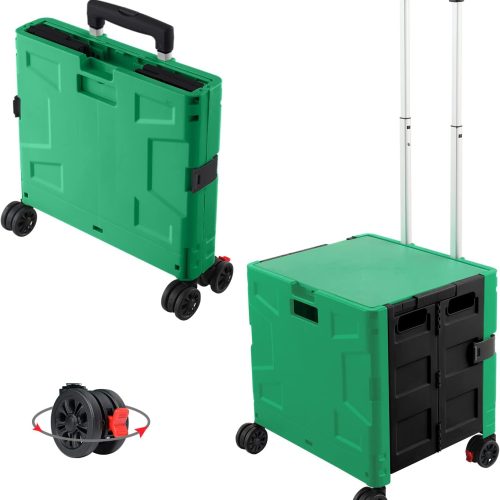 Folding Utility Cart Rolling Crate Handcart with Durable Heavy Duty Plastic Telescoping Handle Collapsible Hidden Lid 4 Rotate Wheels for Travel Shop Move Office Teacher Use(Dark Green&Black)