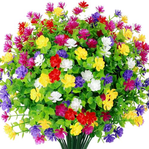 12 Bundles Artificial Flowers for Outdoors Fake Plants UV Resistant Plastic Flowers No Fade Faux Outdoor Flowers Plastic Greenery Faux Plants for Garden Planter Porch Window Decor(Multi Color)