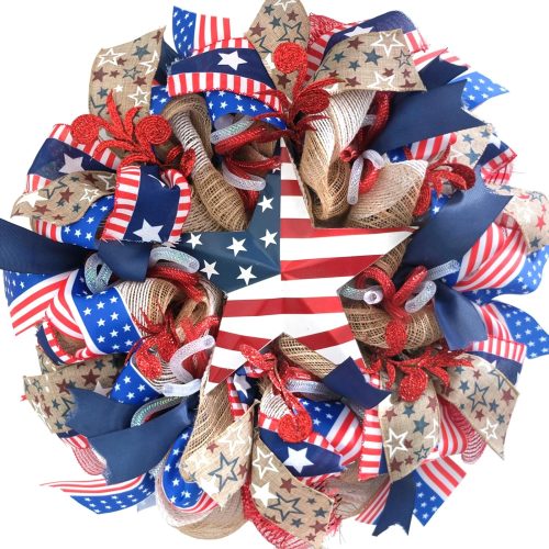 Patriotic Day Memorial Day American Flag Color Burlap Mesh Wreath, 16 Inch, Blue