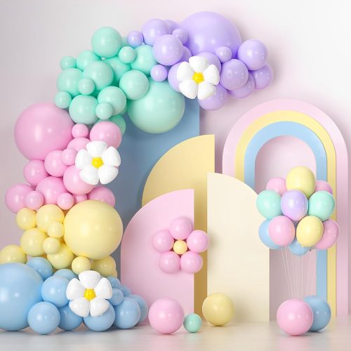 1 136pcs Pastel Balloons Garland Arch Kit, Pastel Macaron Balloons with Daisy Balloon for Wedding Anniversary Easter Birthday Party Decoration