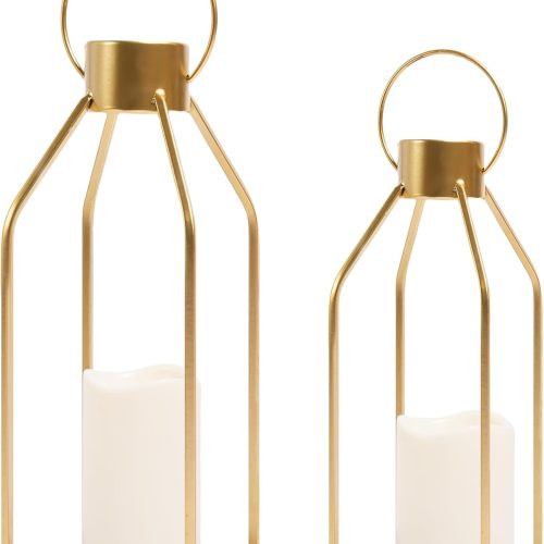 1 Decor Modern Farmhouse Lantern Decor- Gold Metal Candle Lanterns for Christmas- Lanterns Decorative w/Timer Flickering Candles for Living Room, Home, Indoor, Outdoor, Table,Fireplace Mantle Decor