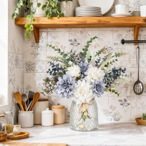 Fake Flowers in Vase Silk Artificial Navy Blue Flowers Arrangements with Glass Vase for Dinning Coffee Table Centerpieces Home Kitchen Farmhouse Wedding Decor