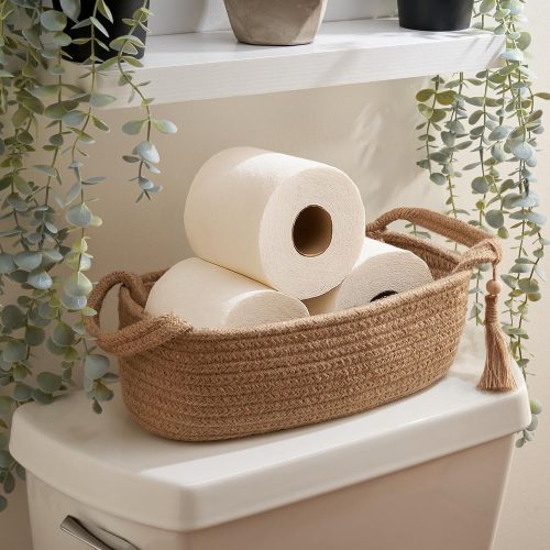 1 Decorative Toilet Paper Basket – Beautiful Bathroom Organizer for Toilet Tank Storage Decor – Boho Jute Cotton Rope Bin with Tassel for Bathroom Accessories and as Shelf Decor