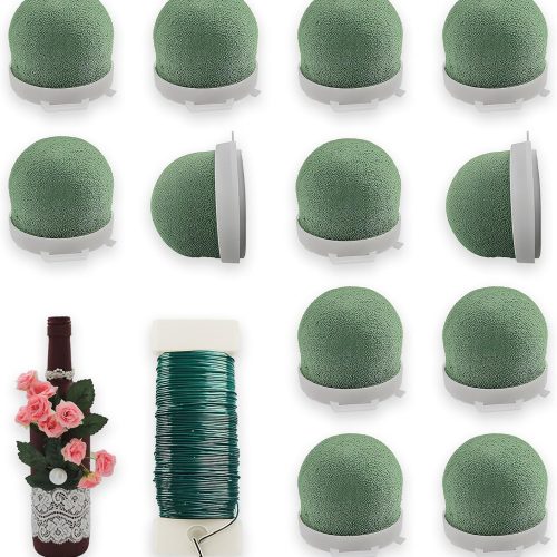 12 Pcs Mini Floral Foam Holder Floral Foam Round with 1 Roll Green Floral Wire Floral Foam Blocks for Table Wedding Wine Bottle Hat Décor