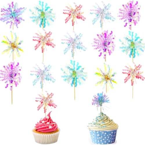 30 Pieces Happy Birthday Cake Toppers Foil Firework Cupcake Toppers Sparkle Tinsel Flower Drink Stirrers for Cake Decoration Party Supplies