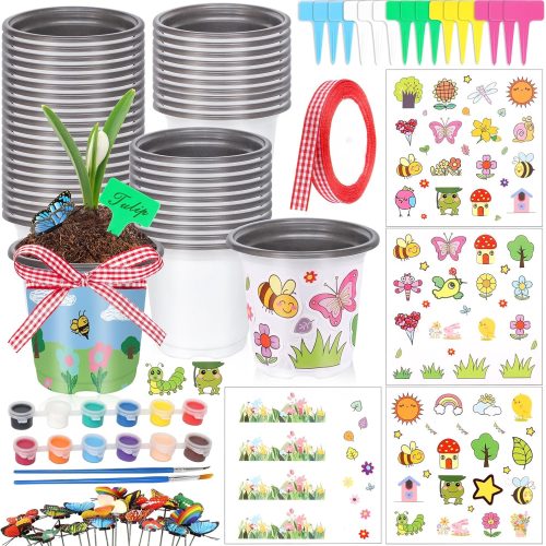 Garden Plastic Pot Craft Kit 50 Nursery Pots with 32 Stickers 50 Plant Labels 4 Painting Tools and 1 Ribbon for Flower Plant Spring Graduation DIY Crafts Painting Gardening Growing Tools