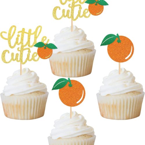 24 Pack Little Cutie Cupcake Toppers Glitter Tangerine Cupcake Picks Citrus Cake Decorations for Orange Theme Baby Shower Kids Birthday Wedding Party Supplies Gold