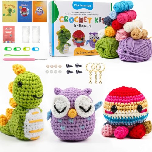 Crochet Kit for Beginners, Crochet Animal Kit with Video Tutorials & Soft Yarn, Craft Kits for Teens & Adults: Penguin, Dinosaur & Octopus Amigurumi Crochet Kit, Easy Knitting Kit, Crafts Crochet Kits