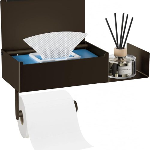 1 Toilet Paper Holder with Shelf, FUNLEU Flushable Wipes Dispenser for Bathroom, Self Adhesive Toilet Paper Holder with Storage - Stainless Steel Toilet Holder Keep Wipes Hidden Out of Sight, Bronze