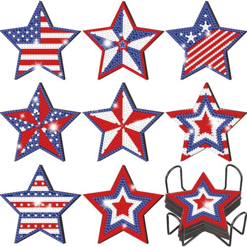 1 8 Pcs 4th of July Patriotic Diamond Painting Coasters Memorial Day Star Diamond Art Coasters with Holder 250th Anniversary DIY Painting Kits Independence Day Decors for Adults DIY Craft Gift