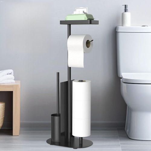 1 Toilet Paper Holder Free Standing - Toilet Paper Stand with Shelf, Bathroom Tissue Holder Stand, Floor Toilet Paper Roll Holder Stand with Storage, Black