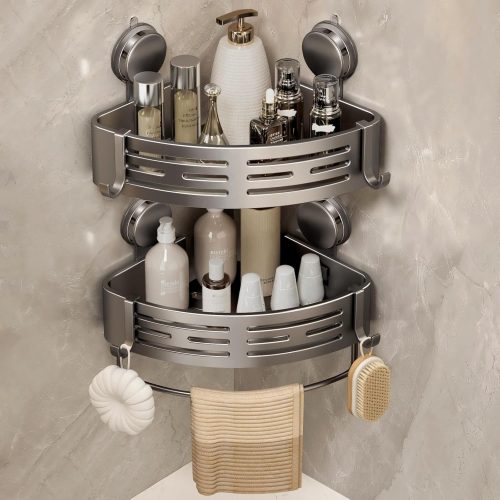 1 Corner Shower Caddy Suction Cup Shower Shelf Corner No Drilling Bathroom Shower Organizer Storage Rack Adhesive with Towel Bar Hooks (2-Pack, Matte Gray)