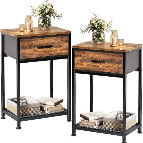 1 Night Stands Set of 2,End Tables with Drawer for Bedroom Bed Side Table for Home, Rustic Brown Wood Night Stand Bedroom Nightstands Bedside Table Set of 2