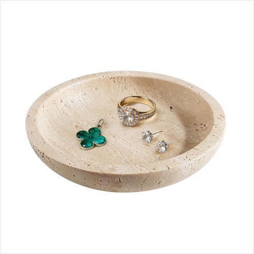 1 Trinket Dish 5.5"x5.5",Natural Travertine Stone Jewelry Dish - Round Decorative Vanity Tray for Jewelry, Keys, and Small Accessories, Countertop Organizer for Bathroom, Bedroom, Entryway