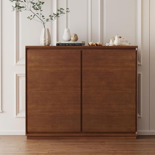 1 Mid Century Modern Sideboard Buffet Cabinet, Narrow Walnut Sideboard,Wood Storage Cabinet Credenza with 2 Doors for Living Room, Kitchen, Entryway, Hallway(9.25" D*39" L)