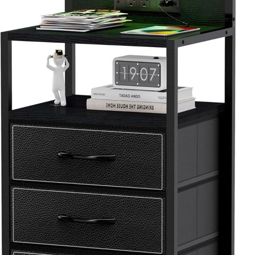 1 LED Nighstand with Charging Station, Night Stand with 3 Drawers and LED Lights, Storage Side Table with 3 Shelf and Hooks, Bedroom End Table for Bedside, Modern Black