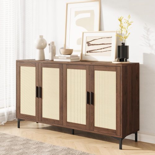 1 Buffet Cabinet with Storage, 48" Rattan Sideboard with Adjustable Shelves, Modern Coffee Bar Cabinet Console Table with Doors, Credenza for Kitchen, Living Room, Entryway, Dining Room, Walnut