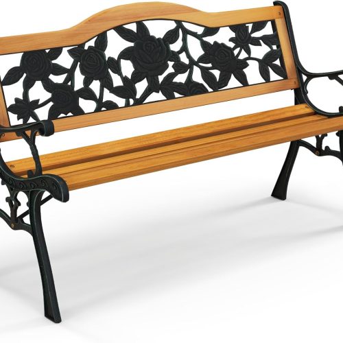 1 Outdoor Garden Bench Park Bench, Patio Furniture Bench Chair with Cast Iron & Hardwood Structure, Weather Proof Porch Loveseat, Perfect for Backyard, Deck, Lawn, Poolside