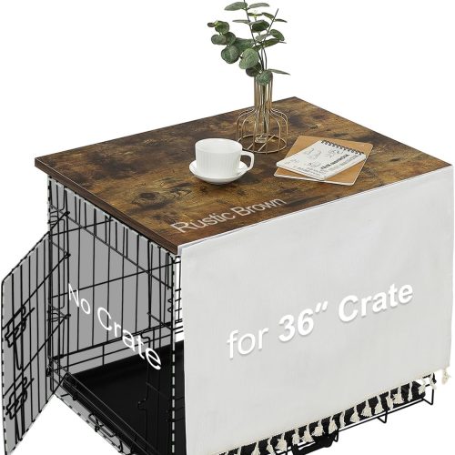 Dog Crate Topper Wood for 48 42 36 24 inch Cages, Table Topper with Tassel Curtain, Rustic Style Dog Kennel Topper, Rustic Brown(Dog Crate Not Include)