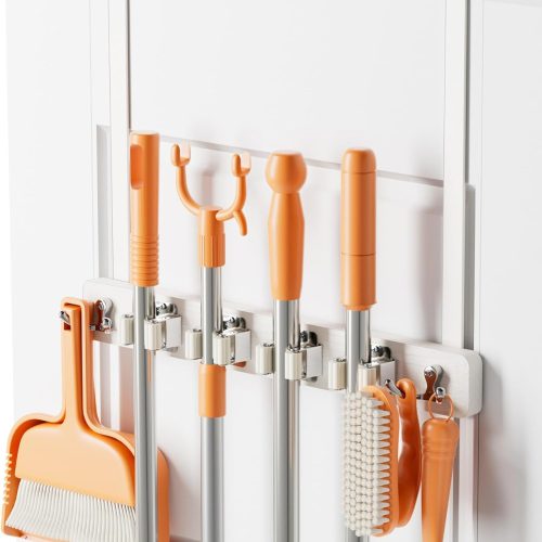1 Mop and Broom Holder Wall Mount, No Drill Over the Door Broom and Mop Holder with 4 Slots and 4 Hooks, Wood Tool Hanger for Laundry, Cabinet, Kitchen, Garage