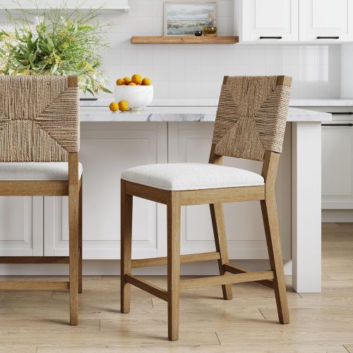 Beacon Bohemian Boucle Bar Stool, Upholstered Counter Height Chair with Solid Wood Frame and Woven Seagrass Back for Kitchen Island, Light Brown/Seagrass/Cream Boucle