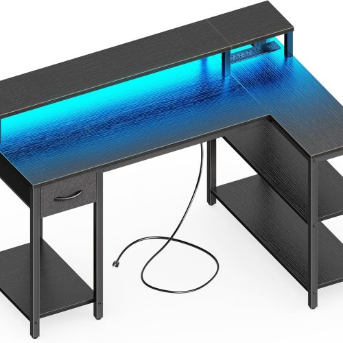 47 inch L Shaped Gaming Desk with LED Lights & Power Outlets, Reversible Computer Desk with Shelves & Monitor Stand, Corner Desk with Drawer, for Home & Office, Black