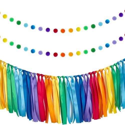 1 Rainbow Ribbon Felt Ball Garland Fabric Pom Pom Banner Birthday Bridal Baby Shower Pride Colorful Wall Hanging Party Decorations