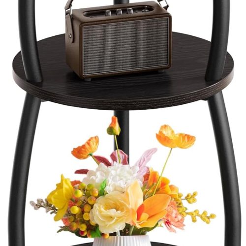 1 Small Round Side Table, 3-Tier End Table with Storage Shelf, Slim Sofa Table Coffee Table, Sturdy & Easy Assemble Nightstand for Small Spaces, Living Room Bedroom Corner, Black