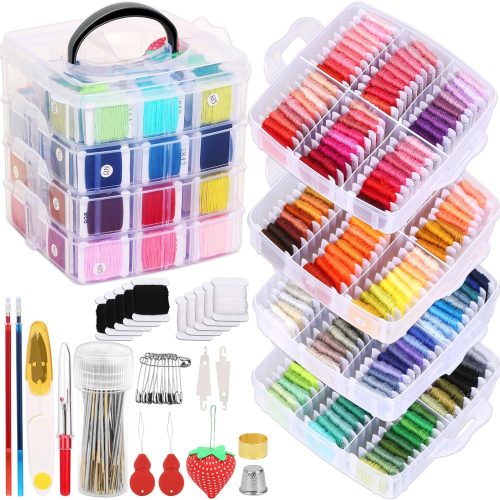 1 276 Pack Embroidery Floss Thread Kit Including 210 Colors Cross Stitch Sewing Thread with 66 Pcs Embroidery Accessories and 4-Tier Transparent Embroidery Thread Storage Organizer Box