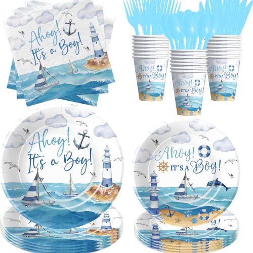 1 Ahoy Its A Boy Baby Shower Decorations Tableware - Nautical Baby Boy Decorations, Plate, Cup, Napkin, Disposable Cutlery, Anchor Nautical Party Supplies For Sailor Boat Baby Shower | 24 Guest