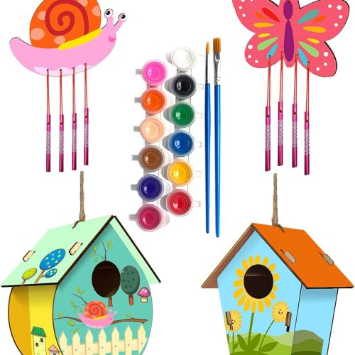 1 4 Pack DIY Bird House Wind Chime Kits for Children to Build and Paint, Wooden Arts and Crafts for Kids Girls Boys Toddlers Ages 8-12 4-6 6-8