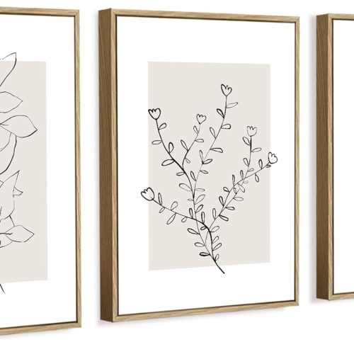 1 Framed Botanical Wall Art Set of 3, 12x16 Minimalist Line Art Canvas Prints with Light Natural Wood L-Frame, Neutral Gallery Wall Decor for Hallway, Entryway, Apartment or Bedroom