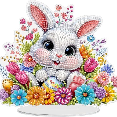 1 Easter Diamond Art Tabletop Kits, Flowers Rabbit Diamond Art Painting Desktop Ornaments for Adult, DIY Special Shaped Crystal Desk Placement Ornament for Home Decor