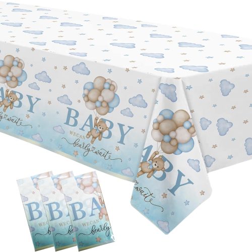 1 3 Pack Bear Baby Shower Decorations Tablecloth for Boy - Blue Bear We Can Bearly Wait Baby Shower Decorations Party Supplies Table Cover,54in x 108in