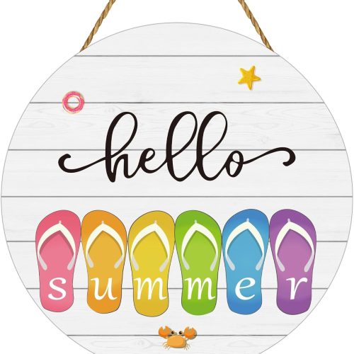 1 Summer Decorations for Home Hello Summer Door Decor Flip Flops Hanging Decorations Wooden Front Door Hanger Hanging Sign for Office Porch Wall Indoor Home Decor