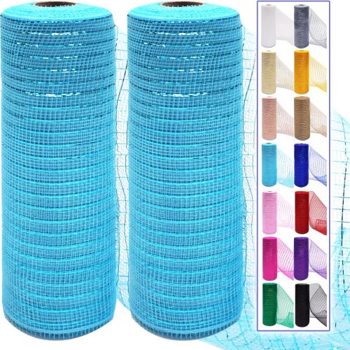 1 2 Pcs Blue Deco Mesh Ribbon Rolls 10 Inch 10 Yards(30 ft) Decorative Mesh Fabric with Foil for Wreaths Christmas Tree Ribbon Door DIY Craft Halloween Decor Wedding Party Supplies (Sky Blue, 2Pcs)
