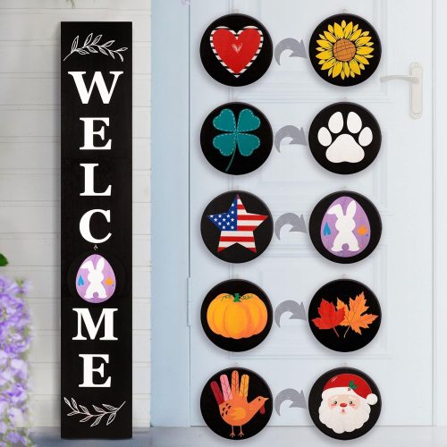 1 Welcome sign for front porch standing, 47 x 7.9 Inch Wooden Leaner Sign with 10 Interchangeable Designed Icons, Seasonal Decor for Spring Easter Fall Christmas(Black)