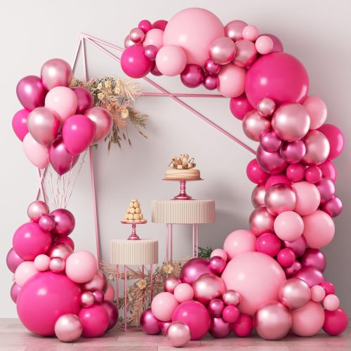 1 Pink Balloons Garlands Arch Kit, 124pcs Hot Pink Pastel Pink Metallic Magenta Latex Balloons for Wedding Engagement Princess Theme Birthday Bridal Shower Baby Shower Party Decorations
