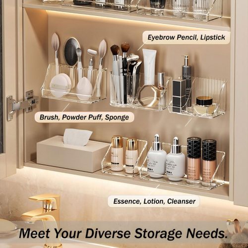 4 3 Pcs Medicine Cabinet Tray Organizer, Small Adhesive Bathroom Vanity Floating Shelves Storage for Toilet, Mirror, Wall, Countertop, Clear