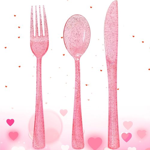 150 Pcs Pink Silverware Set Heavy Duty Pink Plastic Silverware - 50 Forks, 50 Knives, 50 Spoons for Brithday, Mother's Day, Wedding, Baby Shower, Bridal Shower