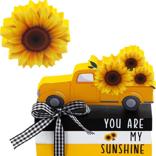 5 Pcs Sunflower Tiered Tray Decor Sunflower Decorations Summer Wooden Sign Farmhouse Sunshine Table Centerpiece Books Stack Signs Block for Home Coffee Table Fireplace Mantel Floating Shelf
