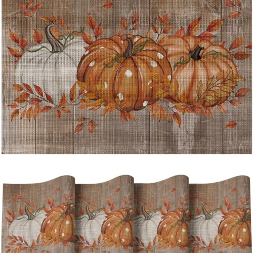 Artoid Mode Wood Pumpkin Leaves Fall Vinyl Placemats Set of 4, Wipeable Woven PVC Table Mats for Thanksgiving Farmhouse Party Kitchen Dining Decor