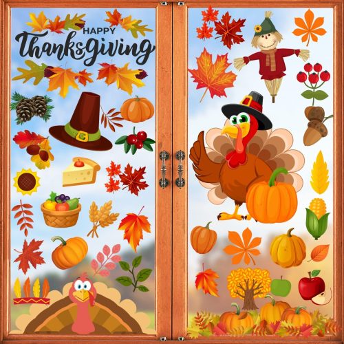 158Pcs Thanksgiving Window Clings for Glass Window, Double Sided Fall Turkey Window Stickers Deals Decor for Home Office Decorations, Thanksgiving Decorations Indoor
