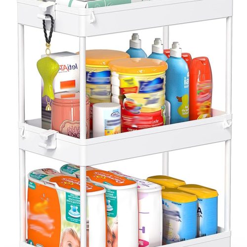 Storage Rolling Cart, 3 Tier Laundry Room Organization Utility Cart Bathroom Organizer Mobile Shelving Unit Shelves Multi-Functional Trolley, White