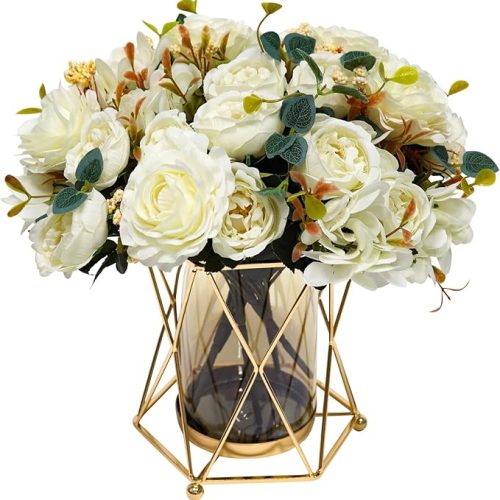 Faux Flowers with Vase, Silk Peony Bouquet Artificial Flowers in Vase, Fake Flowers Floral Arrangement for Home Decor Indoor, Table Centerpieces Flowers Decoration for Farmhouse (White Peony)