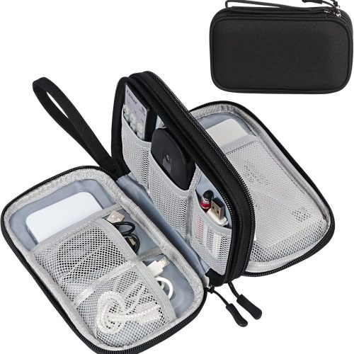 Electronic Organizer, Travel Cable Organizer Bag Pouch Electronic Accessories Carry Case Portable Waterproof Double Layers Storage Bag for Cable, Cord, Charger, Phone, Earphone, Medium, Black