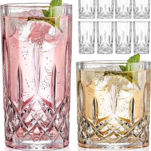 Drinking Glasses, 8 Piece Crystal Glass Cups, Mixed Glassware Set, 4 pcs Crystal Old Fashioned 11oz Highballs and 4 pcs 11oz Whiskey Glasses, Great for Cocktail, Whisky and other Beverages