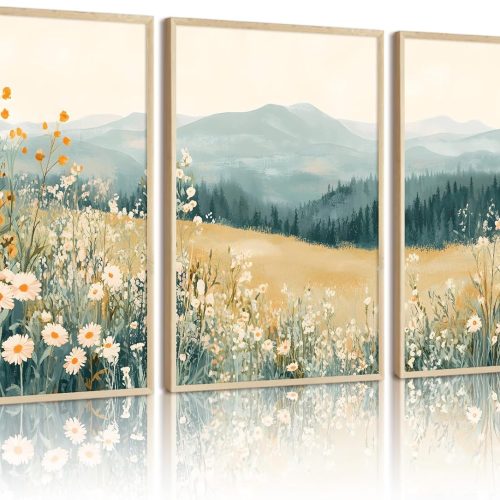 Boho Mountain Flower Wall Art Green Daisy Landscape Canvas Wall Decor Abstract Wildflower Art Prints Watercolor Floral Painting Pictures Nature Posters for Living Room Bedroom 12x16x3 Inch Unframed